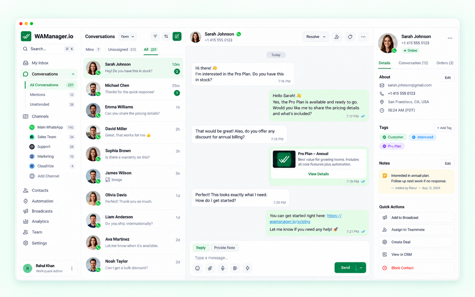 WAManager desktop workspace synchronized alongside the WhatsApp Business App