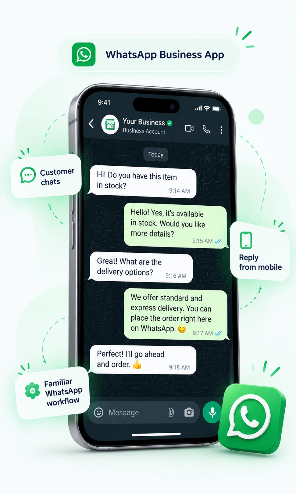 WhatsApp Business App mobile interface for customer messaging
